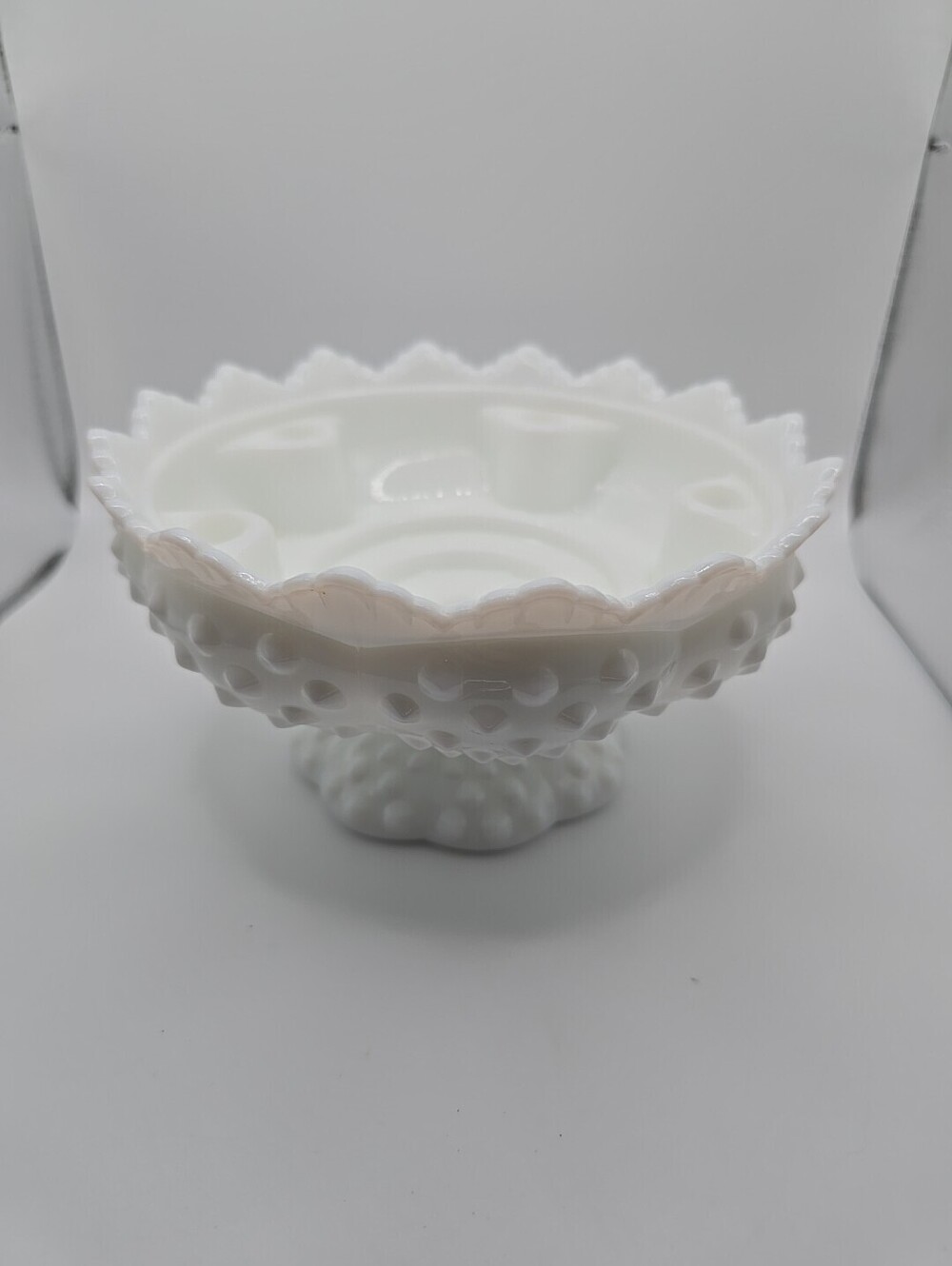 Vintage Fenton White Milk Art Glass Hobnail Footed 6-Candle Holder Candle Bowl
